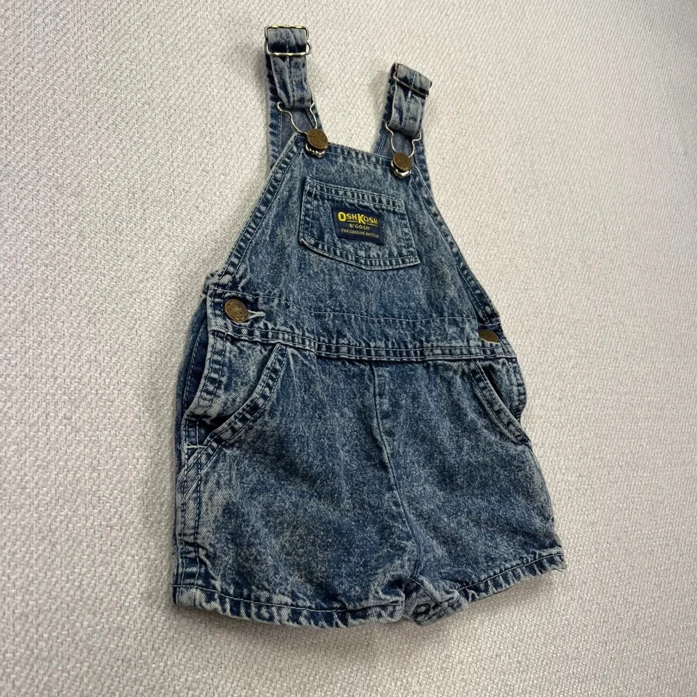 OshKosh B'gosh Denim Shortalls Kids 18M Blue Acid Wash VTG 80s Made in USA